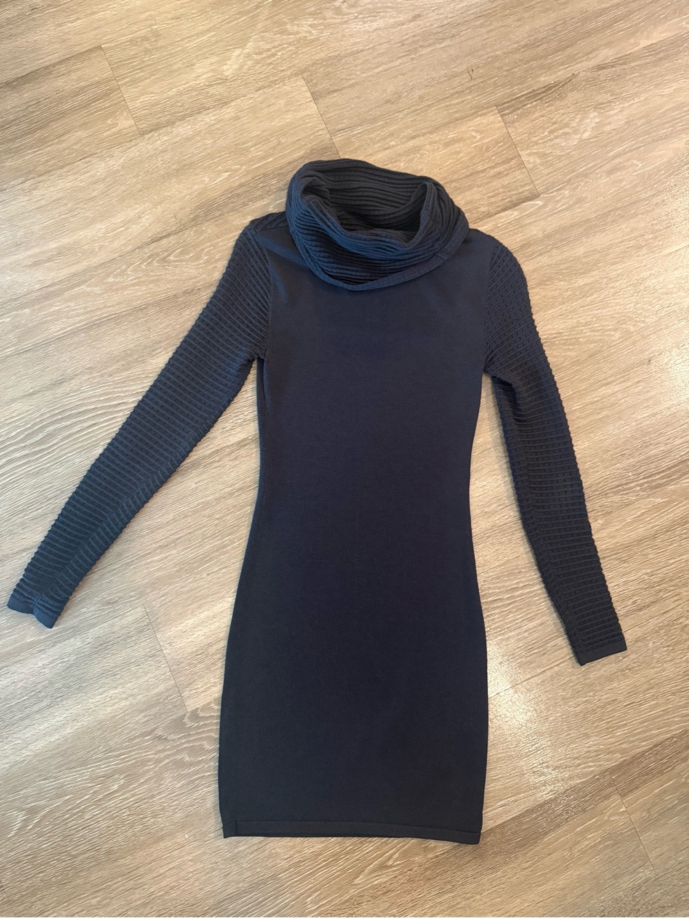 bebe Black Cowl Neck Ribbed Sleeve Sweater Dress